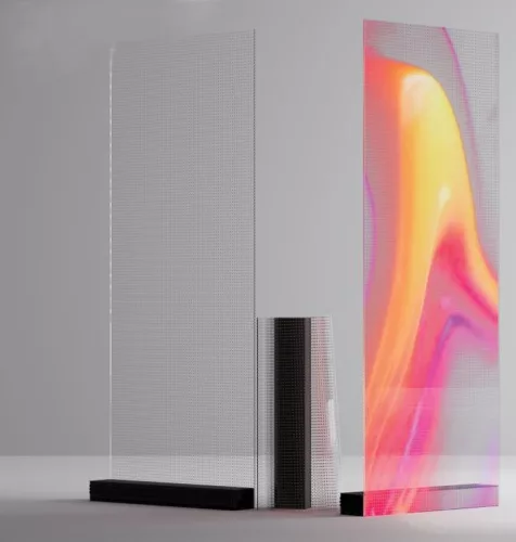 Átlátszó LED film kijelző, ragasztható, hajlékony, UV álló. P4-P20 pixel méret 2000-4000nits fényerő