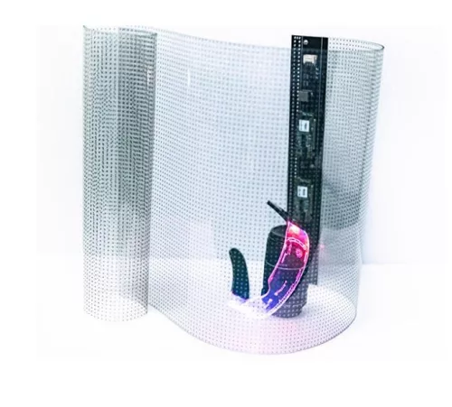 Átlátszó LED film kijelző, ragasztható, hajlékony, UV álló. P4-P20 pixel méret 2000-4000nits fényerő