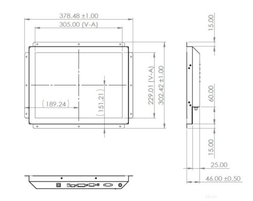 AGL 15" ipari kijelző. 500nits, 1024x768, HDMI/VGA/DVI, PCAP érintőszenzor, hálózati adapter nélkül