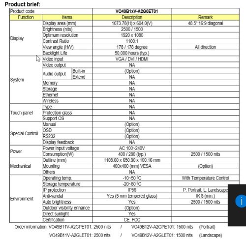 AGL 49" Magas fényerejű kijelző, 2500nits , burkolatban, IP56 védettséggel, álló (Portrait)